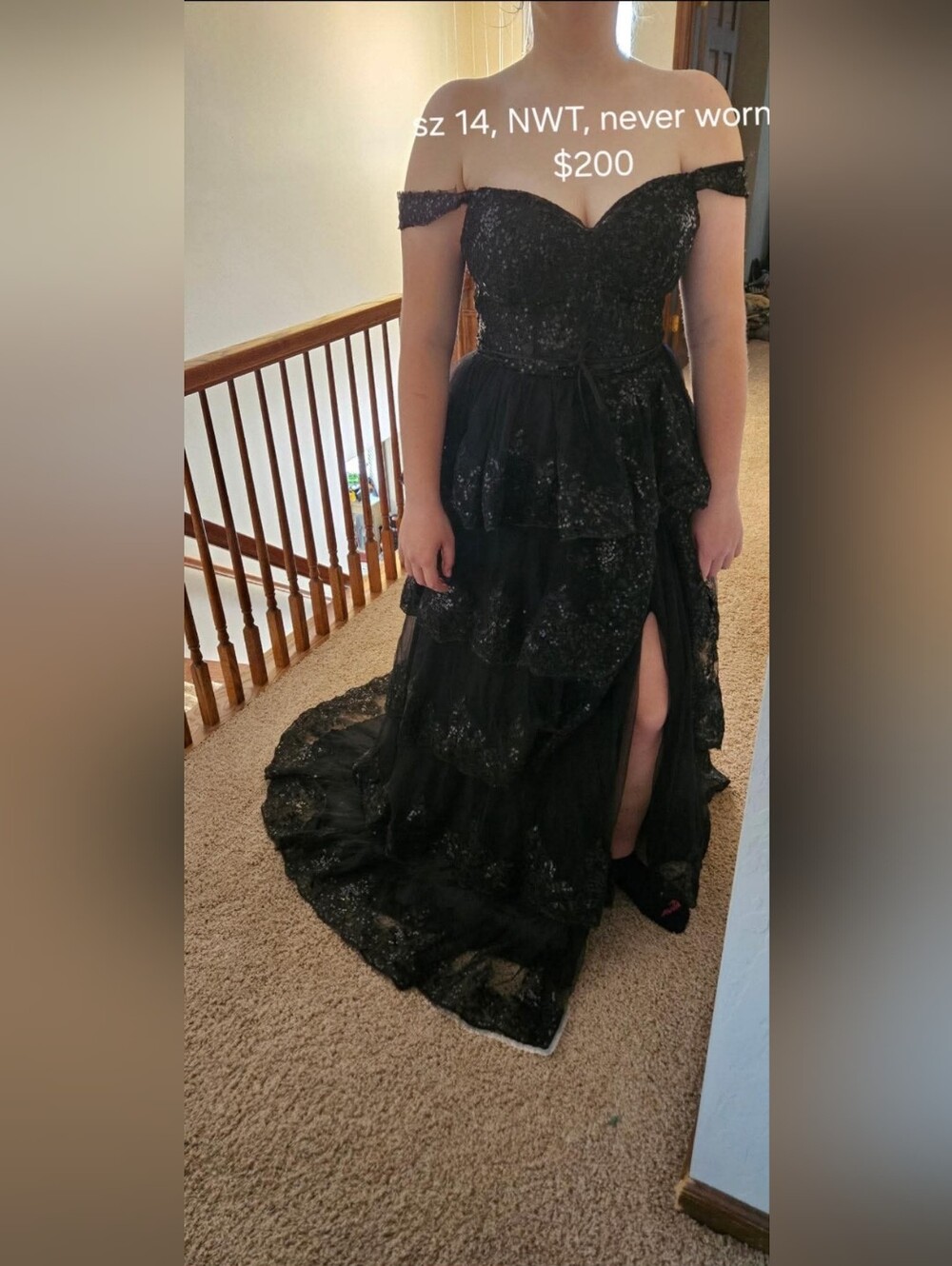 Black Sequin Tiered Prom Dress with Side Slit